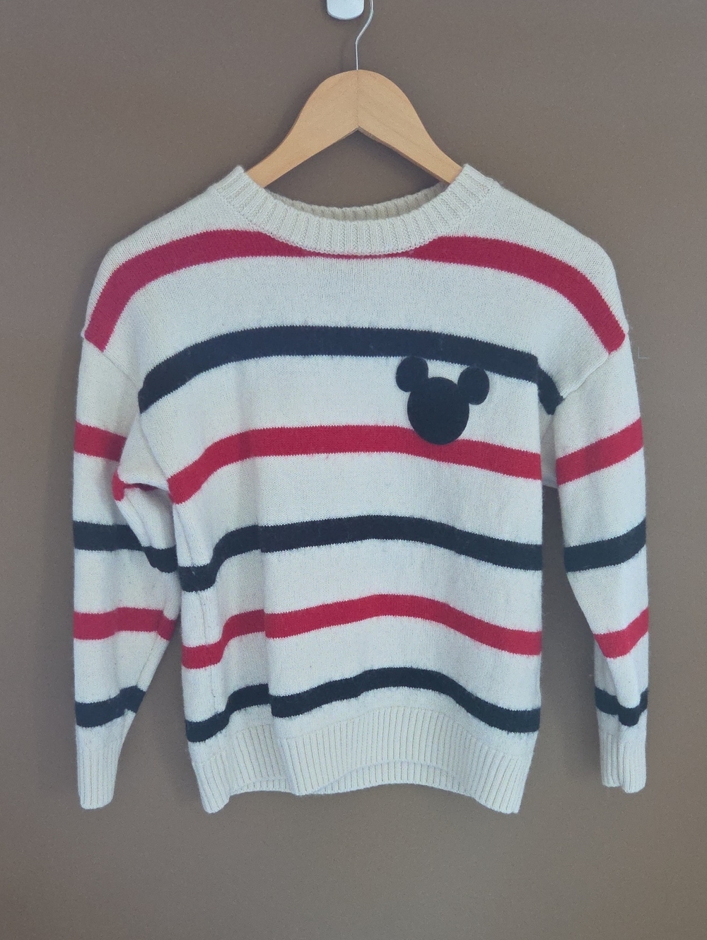 Forever 21 Cream, Red & Black Striped Crewneck Sweater with Disney Icon Accent